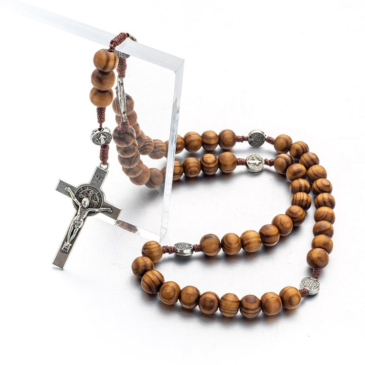 Religion Male Long Wooden Rosary Beads Cross Christ Jesus Pendant Necklace 10MM Wood Pendants Necklace Jewelry For Women Men