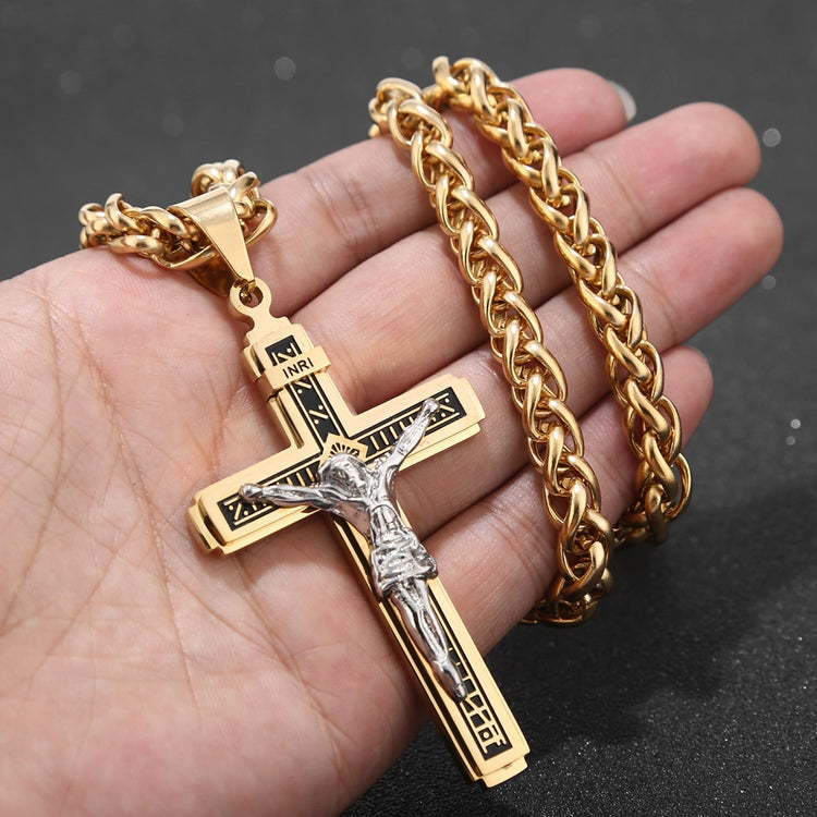 High Quality Stainless Steel Gold Tone Multilayer Cross Christ Jesus Pendant Necklace Chains For Men Jewelry Gift