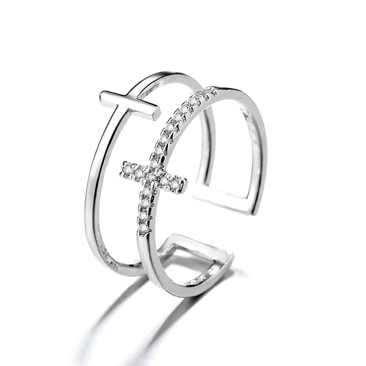 Fashion Crystal Cross Rings Gold Double Geometric Adjustable Ring for Women Fashion Lovely Jewelry