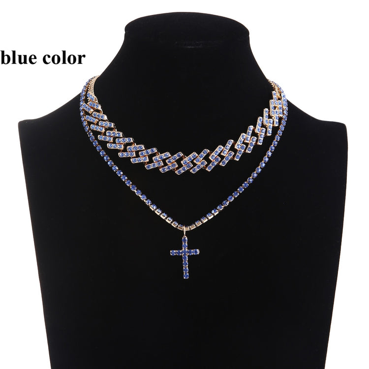 Cuban Link Chain Necklace Set Cross Pendant Jewelry for Women Rhinestone Choker Luxury  Jewellery