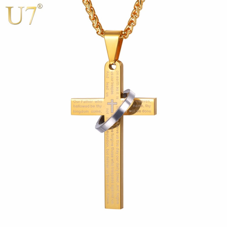 U7 Cross Necklace For Men Trendy Black/Gold Blue Color Stainless Steel Pendant &amp; Chain Christian Bible Prayer Jewelry Gifts P904