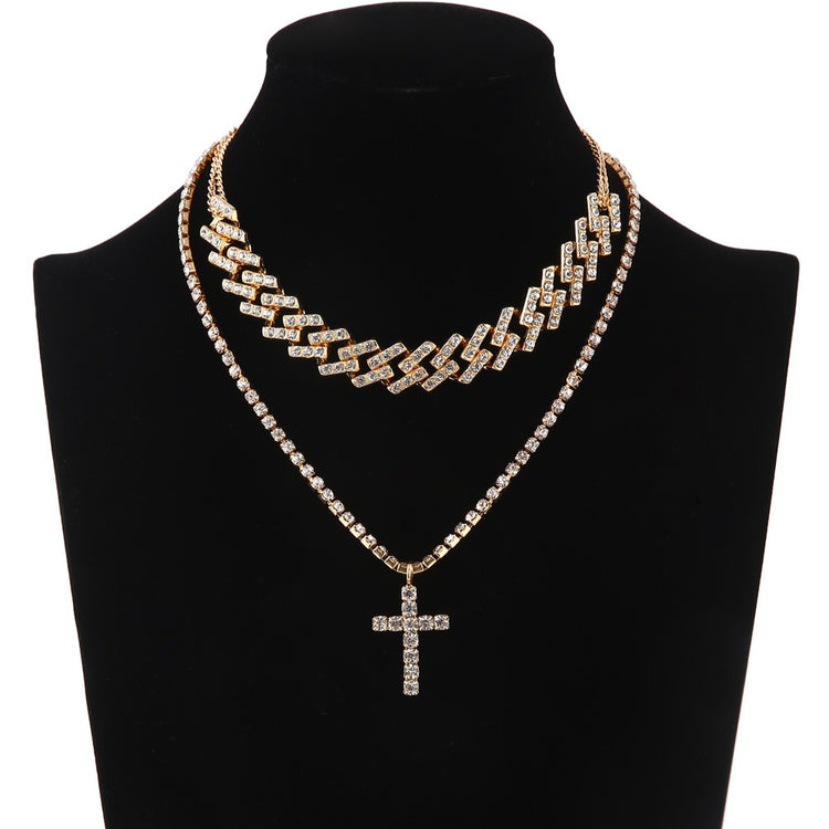 Cuban Link Chain Necklace Set Cross Pendant Jewelry for Women Rhinestone Choker Luxury  Jewellery