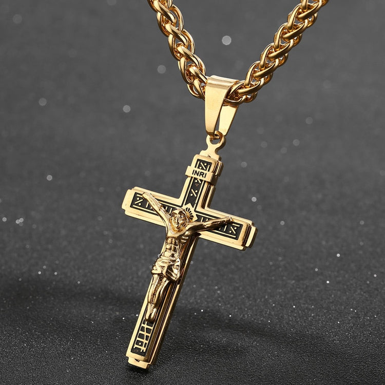 High Quality Stainless Steel Gold Tone Multilayer Cross Christ Jesus Pendant Necklace Chains For Men Jewelry Gift