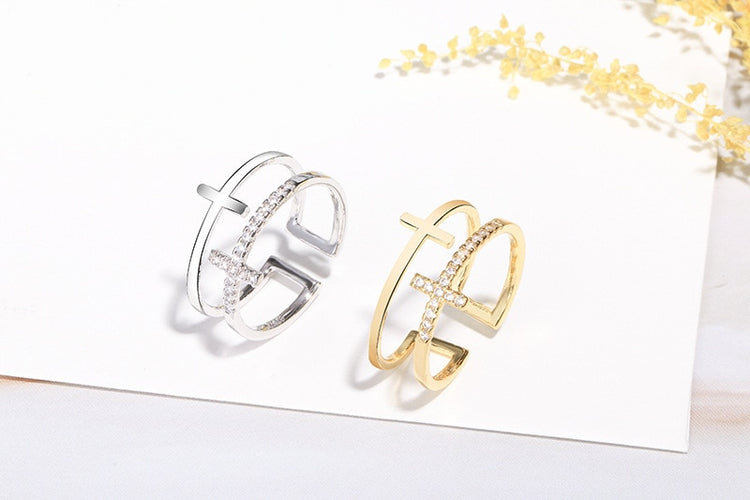 Fashion Crystal Cross Rings Gold Double Geometric Adjustable Ring for Women Fashion Lovely Jewelry